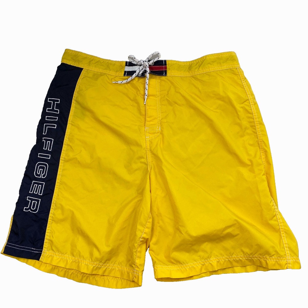 Vintage Tommy Hilfiger Board Shorts Men XL Spell Out Logo Color Block Yellow Y2K